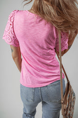 Pink Eyelet Embroidery Scalloped Sleeve Round Neck T Shirt