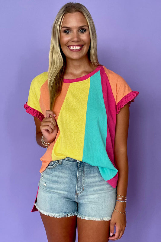 Rose Red Color Block Ruffled Crew Neck Loose Fit T Shirt