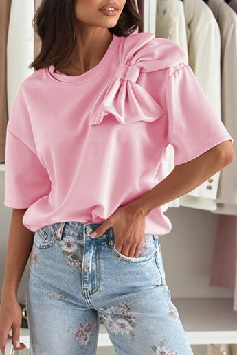 Pink Bow Applique Half Sleeve T-shirt