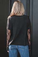 Black Solid Color Bow Textured Patchwork Long Sleeve Tee