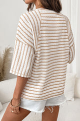 Apricot Stripe Textured Knit Split Hem Half Sleeve Loose Top