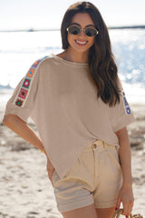 Parchment Granny Square Crochet Detail Loose T Shirt