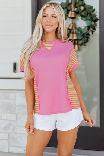 Bright Pink Waffle Textured Contrast Striped Patchwork Loose T Shirt