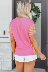Bright Pink Waffle Textured Contrast Striped Patchwork Loose T Shirt