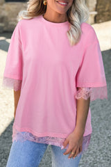 Pink Eyelash Floral Lace Patchwork Half Sleeve Oversize Tee
