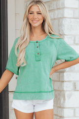 Mint Green Half Buttons Raw Seam Raglan Sleeve Mineral Wash T Shirt