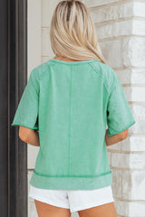 Mint Green Half Buttons Raw Seam Raglan Sleeve Mineral Wash T Shirt