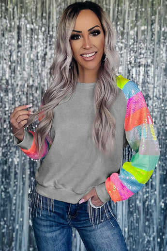 Grey Sequin Color Block Raglan Sleeve Pullover Sweatshirt