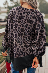 Black Leopard Patchwork Bishop Sleeve Slit Sweatshirt