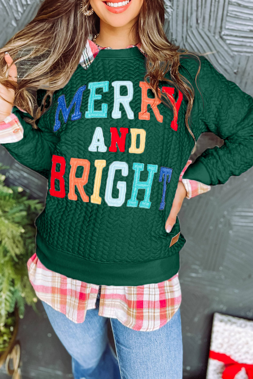 Green Merry And Bright Cable Knit Pullover Sweatshirt