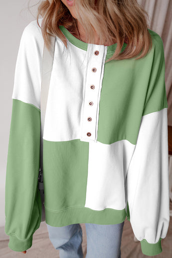 Grass Green Colorblock Henley High Low Oversize Sweatshirt