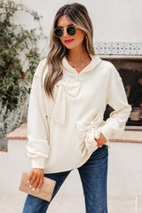 White Solid Color Cute Bow Detail Loose Hoodie
