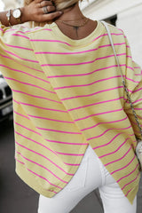 Yellow Stripe Stylish Overlap Detail Drop Shoulder Pullover Sweatshirt