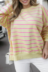 Yellow Stripe Stylish Overlap Detail Drop Shoulder Pullover Sweatshirt