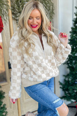 Khaki Checker Sherpa Corduroy Patchwork Zip up Collared Jacket