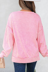 Bright Pink Mineral Wash Big Bow Patchwork Pullover Sweatshirt