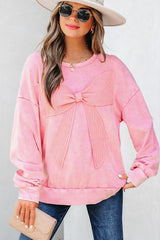 Bright Pink Mineral Wash Big Bow Patchwork Pullover Sweatshirt