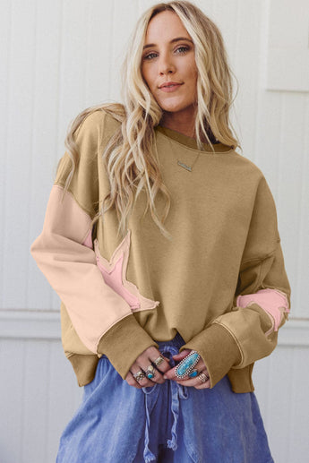 Contrast Star Patchwork Exposed Seam Uneven Hem Drop Shoulder Sweatshirt