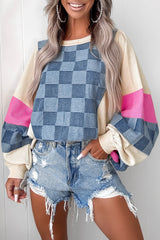 Sky Blue Oversized Checkered Denim Exposed Seam Patchwork Casual Sweatshirt