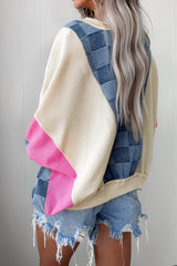 Sky Blue Oversized Checkered Denim Exposed Seam Patchwork Casual Sweatshirt