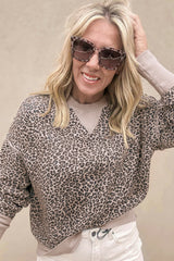 Khaki Leopard Print Patchwork Crew Neck Sweatshirt