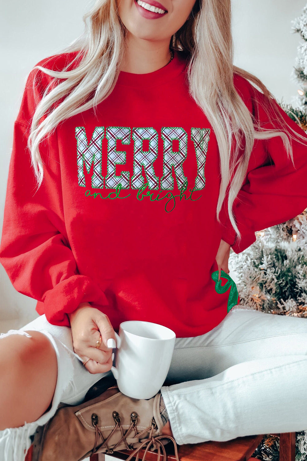 Fiery Red Merry and Bright Plaid Embroidered Letter Graphic Glitter Bow Decor Christmas Sweatshirt
