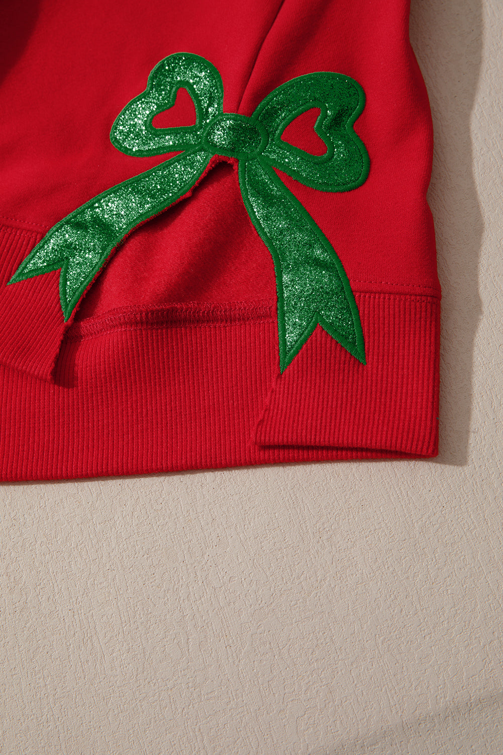 Fiery Red Merry and Bright Plaid Embroidered Letter Graphic Glitter Bow Decor Christmas Sweatshirt