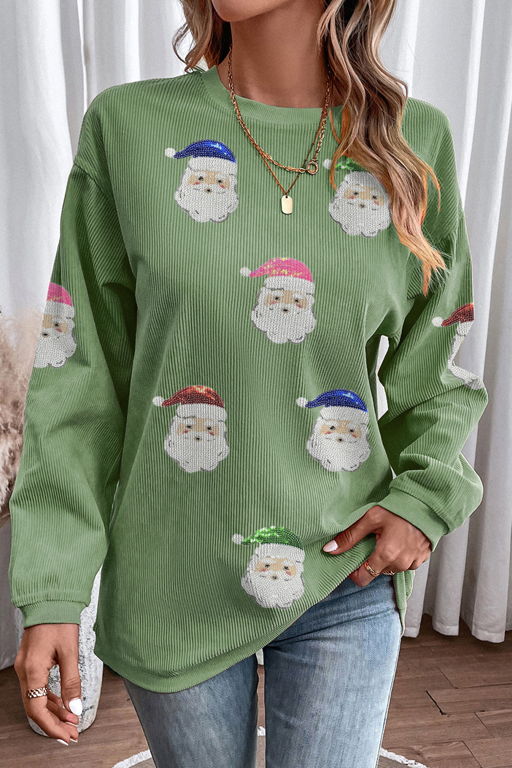 Green Corded Ribbed Sequin Patched Santa Claus Graphic Sweatshirt