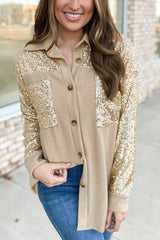 Apricot Contrast Sequin Patchwork Knit Shacket