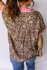 Leopard Print Contrasted Trim Animal Short Sleeve Shirt