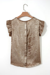 Gold Metallic Round Neck Ruffle Trim Sleeveless Top