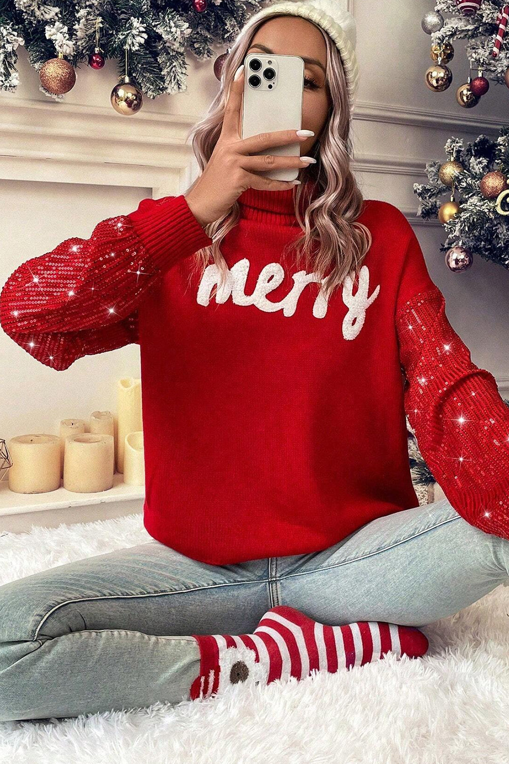 Merry Sequin Sleeves Christmas Turtleneck Sweater