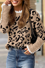 Brown Leopard Pattern Lace Ribbed Detail Button Cuffed Sweater