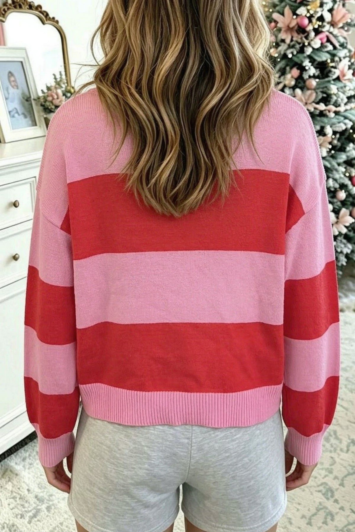 Pink Stripe Festive Holly Jolly Sequin Christmas Holiday Sweater