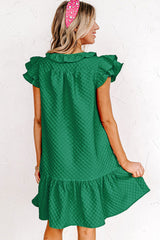 Green Flutter Sleeve Ruffled Textured Shift Dress