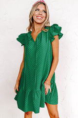 Green Flutter Sleeve Ruffled Textured Shift Dress