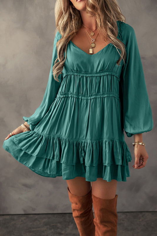 Jade Tiered Ruffled Puff Sleeve Loose Fit Mini Dress