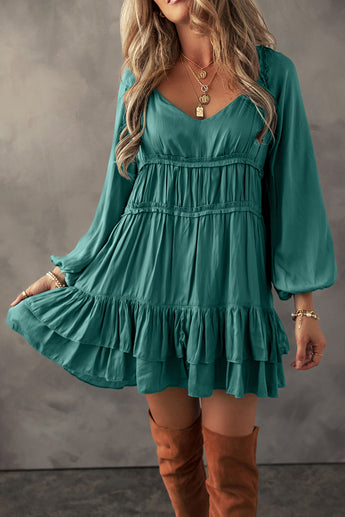 Jade Tiered Ruffled Puff Sleeve Loose Fit Mini Dress