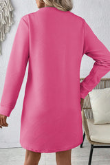 Pink Solid Color Textured Long Sleeve Shift Dress