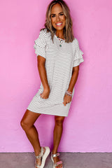 White Stripe Ruffled Short Sleeve Crew Neck T Shirt Shift Mini Dress W/ Pockets