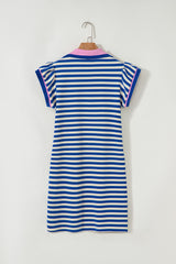 Dark Blue Stripe Print Contrast Collar Split Neck Flutter Sleeve Short Dress