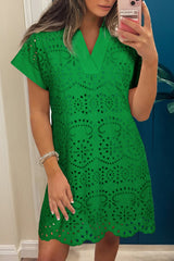 Green Solid Color Eyelet Embroidered T Shirt Mini Dress