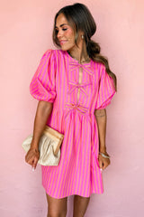Rose Striped Print Bow Detail Short Puff Sleeve Mini Dress
