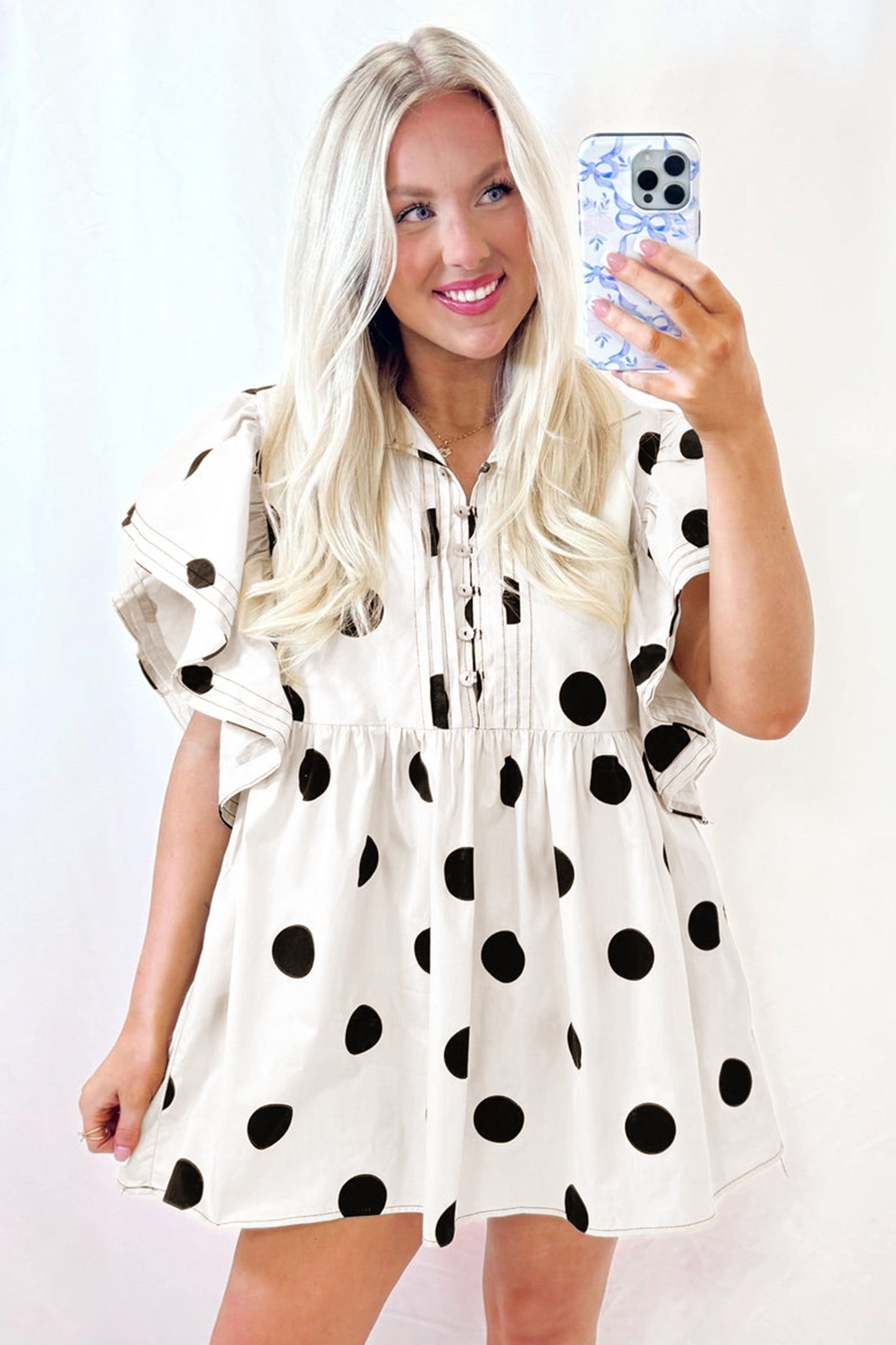 White Polka Dot Print Half Button Ruffled Short Sleeve Loose Mini Dress