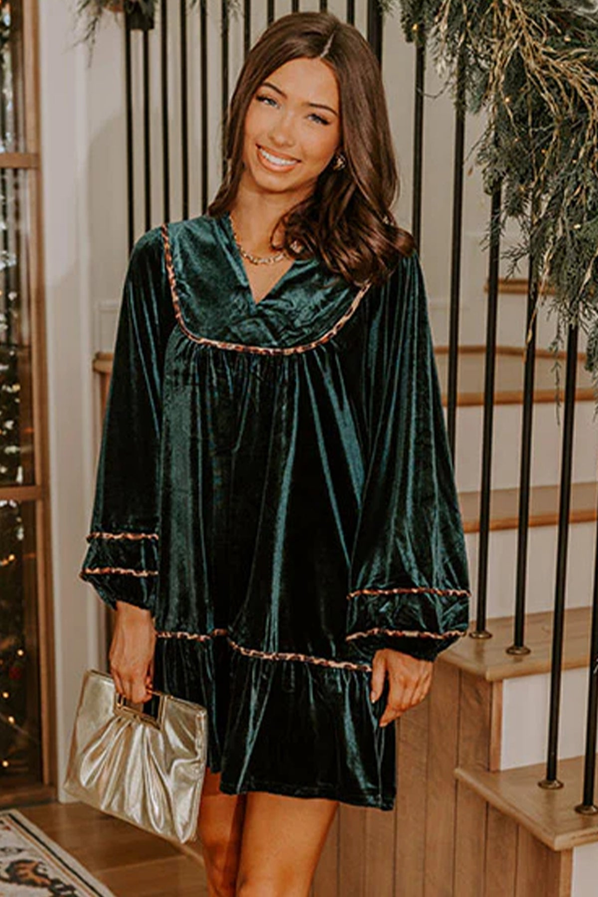 Green Leopard Trim Velvet Long Sleeve Shift Dress