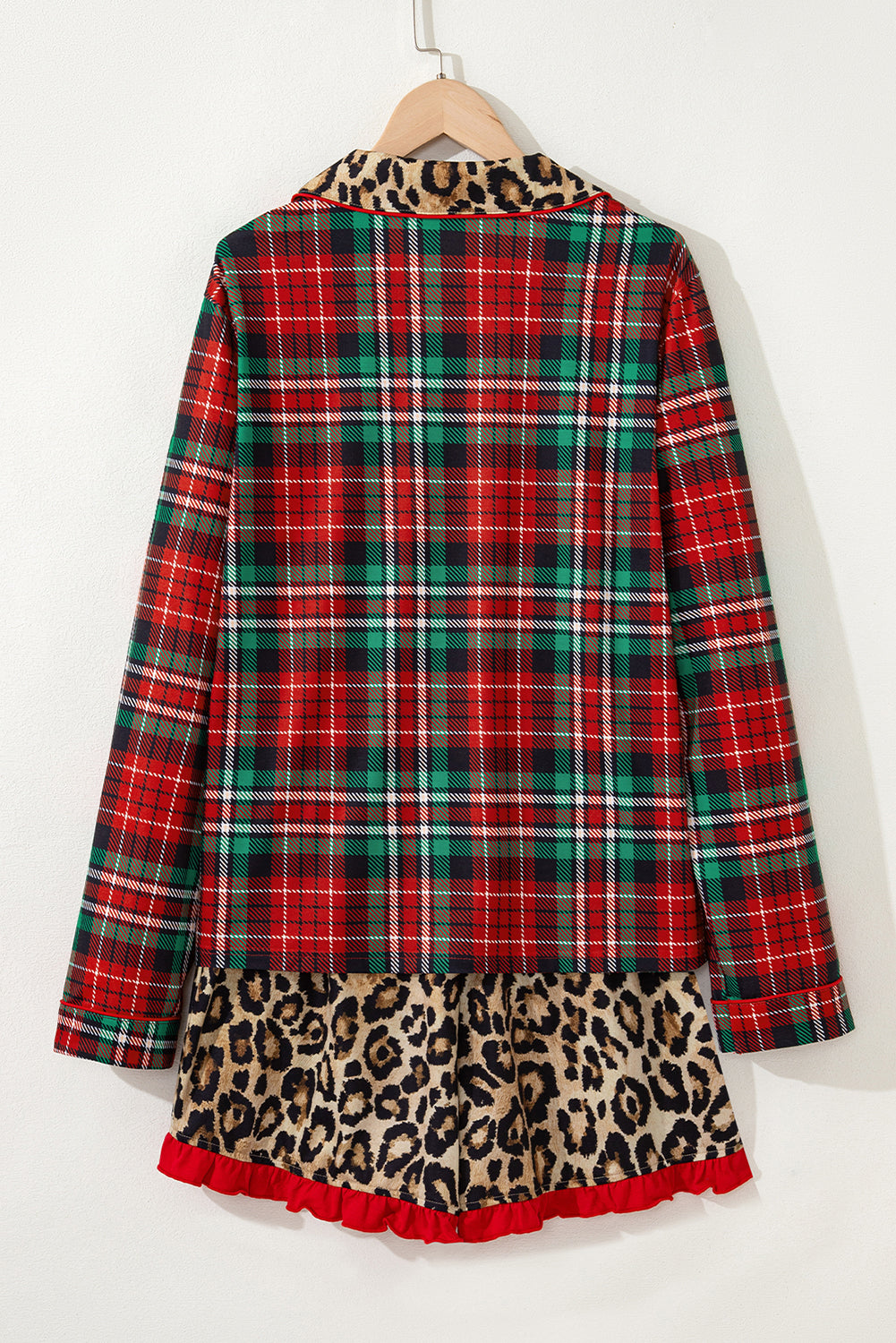 Red Retro Plaid Leopard Print Patchwork Long Sleeve Shorts Pajama Set