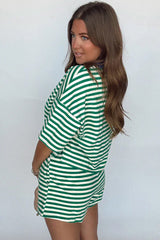 Green Stripe Drop Shoulder Boxy Casual Terry Short Set