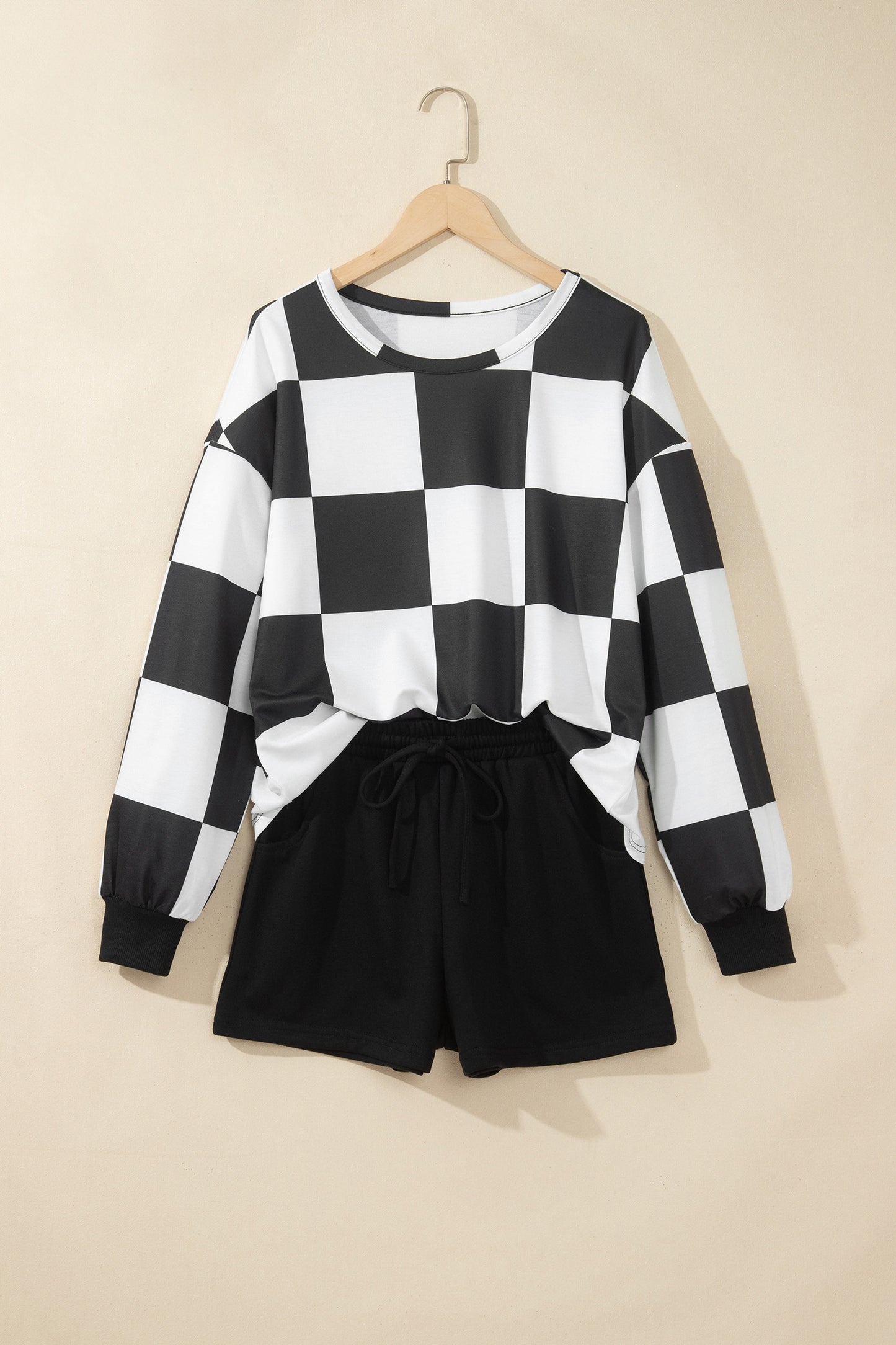 Black Checkerboard Plaid Long Sleeve Solid Color Shorts 2pcs Set