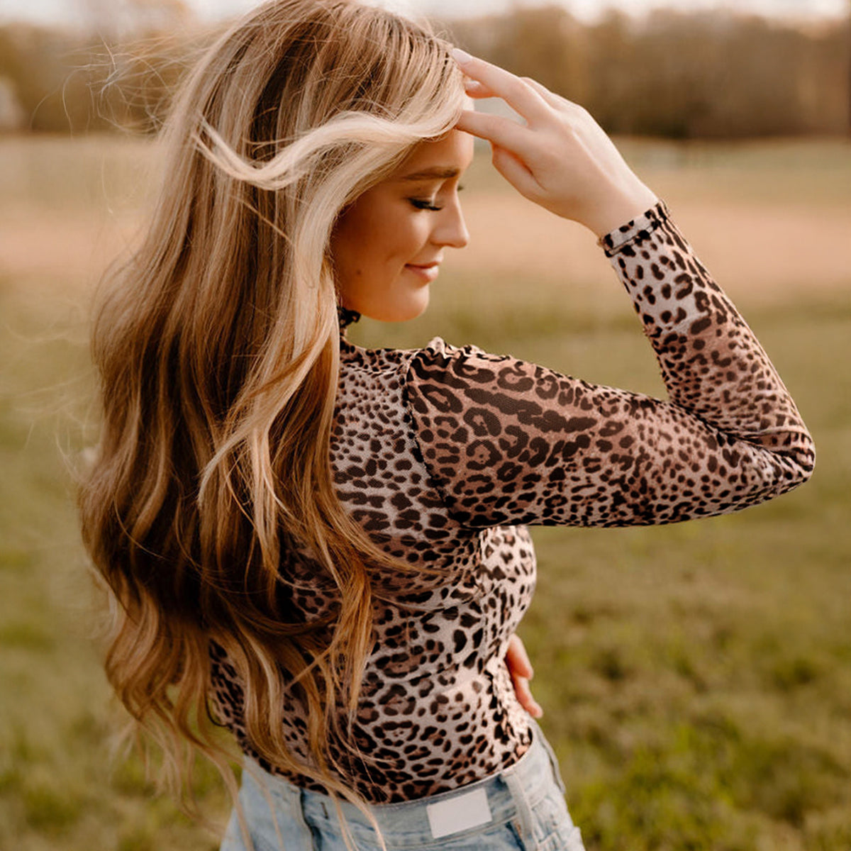 Brown Leopard Smocked Neck Mesh Long Sleeve Bodysuit