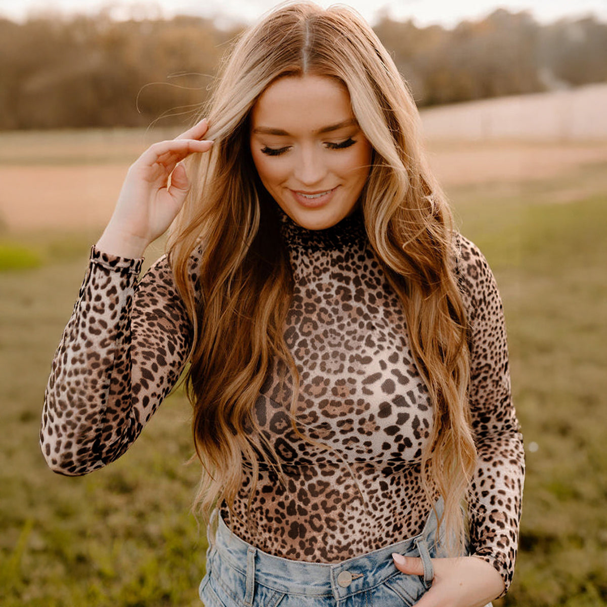 Brown Leopard Smocked Neck Mesh Long Sleeve Bodysuit